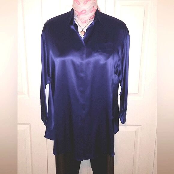 #153 Saks Fifth Avenue Silk long Royal Blue Tunic Top - Picture 7 of 8